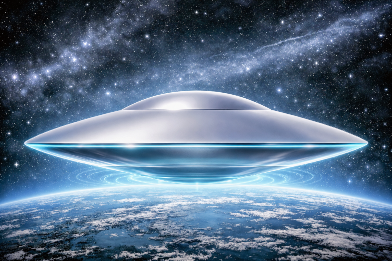 Concept of a silver disc-shaped aerospace craft with a blue-cyan electromagnetic aura above the curvature of Earth