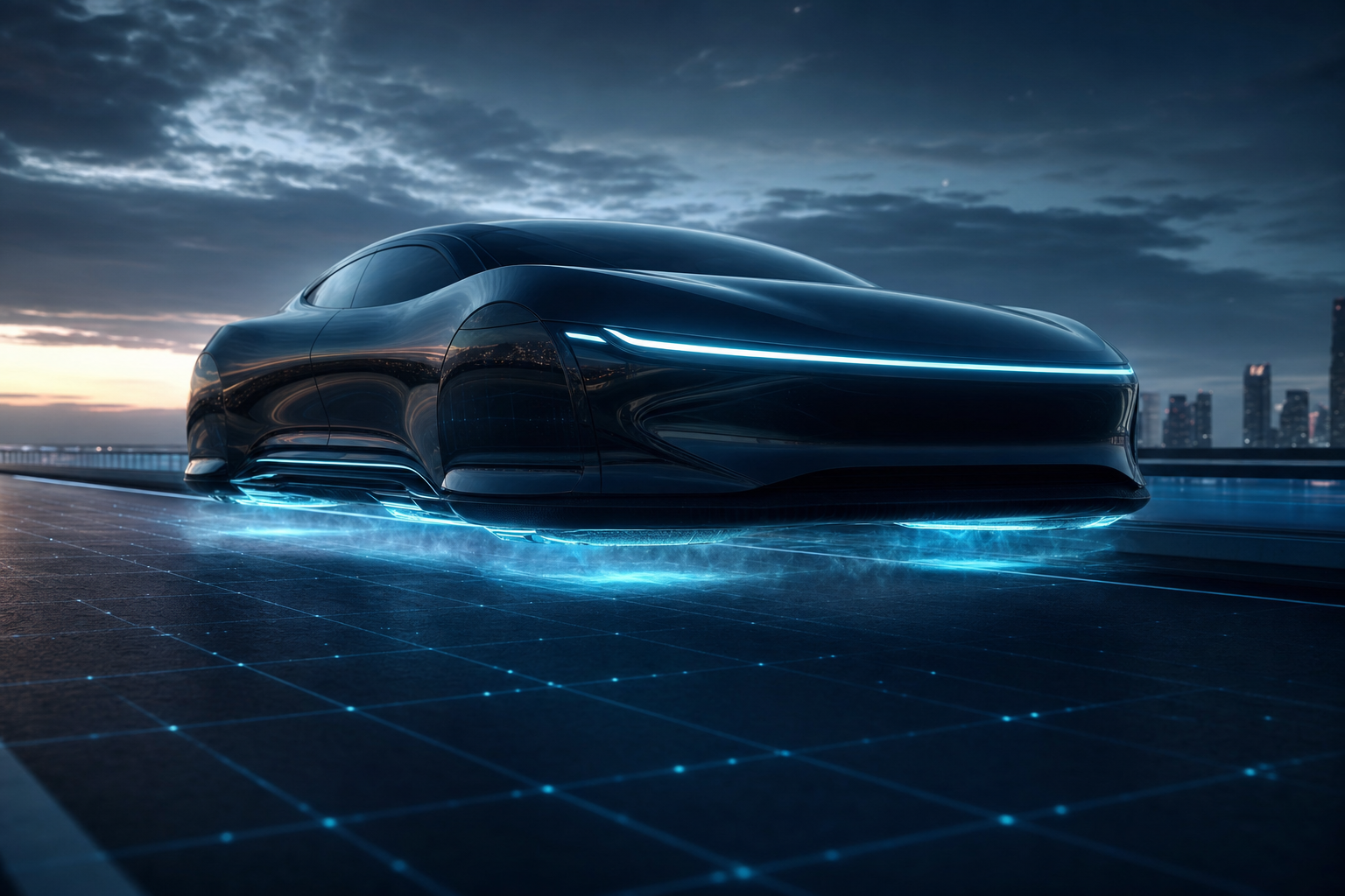 Concept of a levitating passenger car with a blue-cyan electromagnetic field beneath it
