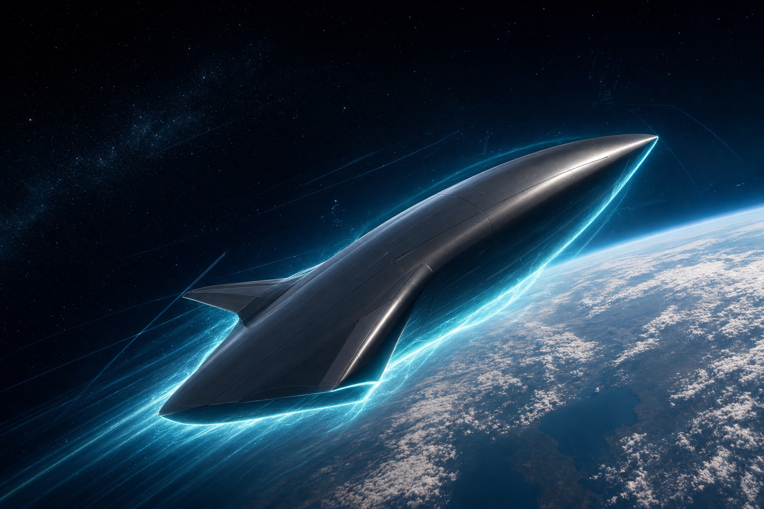 Concept of a silver passenger spacecraft with a blue-cyan electromagnetic aura ascending above the curvature of Earth