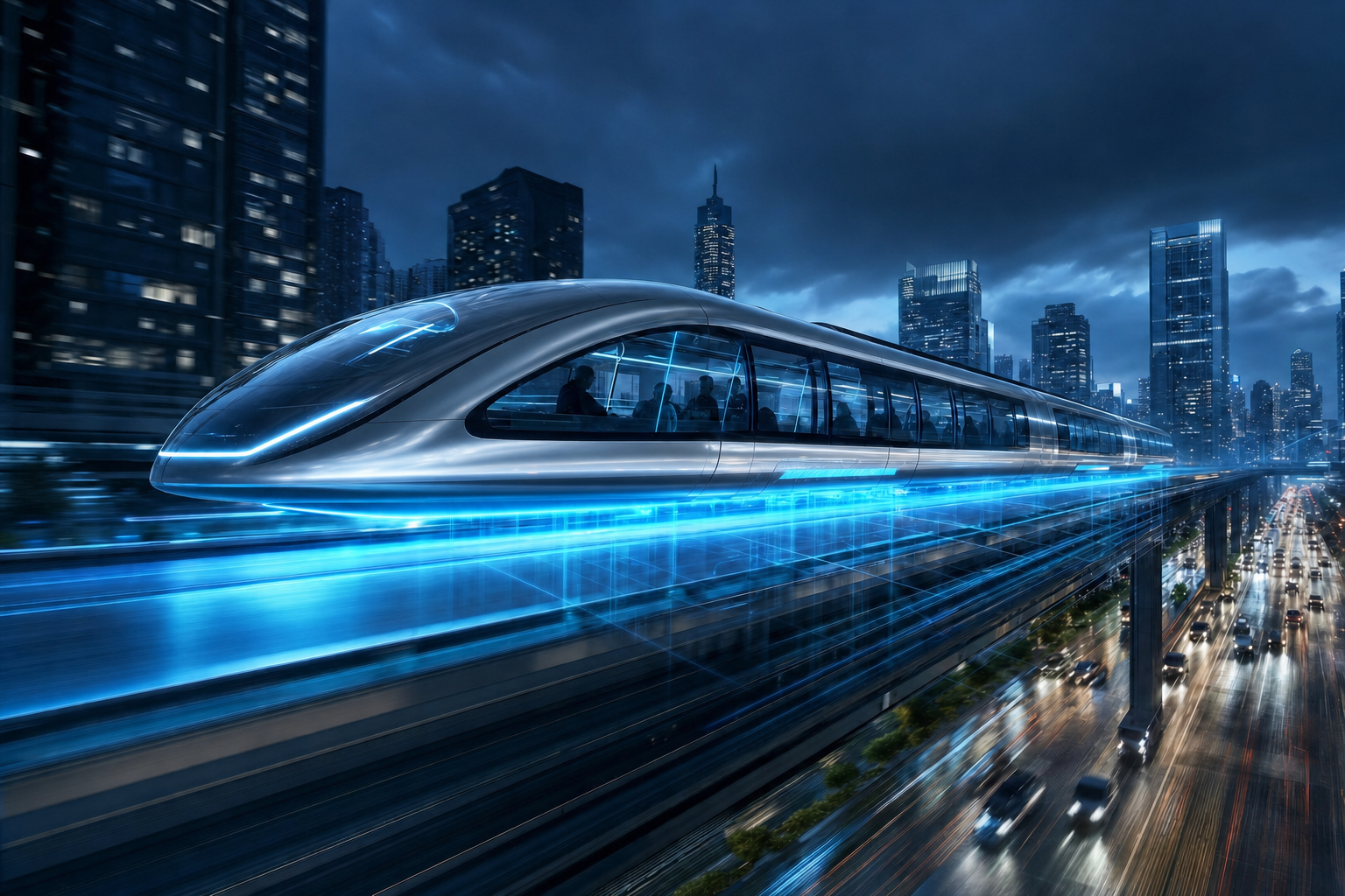 Concept of a futuristic maglev mass-transit pod levitating above an elevated guideway in a city